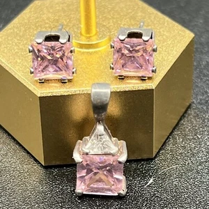 925 Sterling Silver With Square Pink Gemstone Pierced Earrings And Pendant Set - Picture 1 of 9