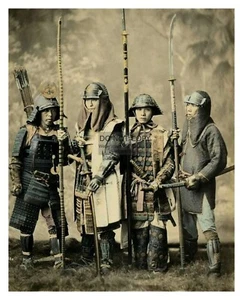 FOUR JAPANESE SAMURAI WARRIORS HOLDING WEAPONS 1880s 8X10 PHOTO - Picture 1 of 4