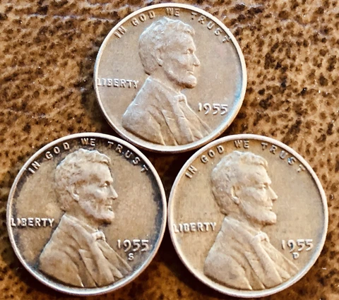 1955 P 1955 D 1955 S Lincoln Wheat 95% Wheat Penny Set Cover