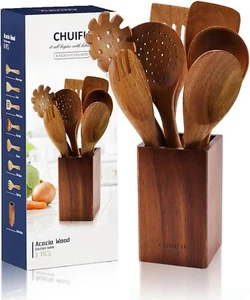 Exquisite 8-Piece Wooden Cooking Utensil Set with Elegant Wooden Base - Elevate - Foto 1 di 8