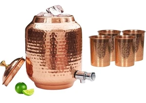 Dispensador de agua martillada de cobre puro Matka de 4 litros, olla, con 4 vidrios en relieve - Imagen 1 de 10