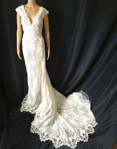 Jasmine SHEER WHITE LACE Sleeveless Trumpet WEDDING DRESS GOWN w/Train - L - Picture 1 of 10