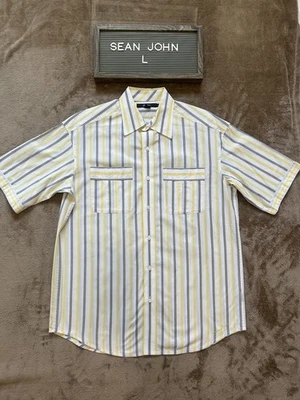 Sean John Large Yellow Gray Plaid SS Button Up Collared Pockets City Urban - Image 1 of 2