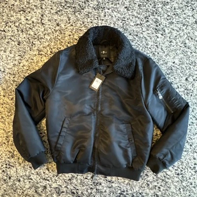 7 For All Mankind Black Sherpa Trim Bomber Jacket In Black Size Medium NWT $425 - Image 1 of 4