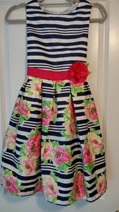 Girl's Jona Michelle Navy Stripe Floral Sleeveless Sundress Dress Size 10 EUC - Picture 1 of 7