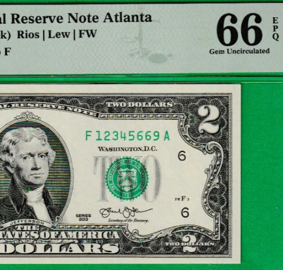 $2  TWO DOLLAR Federal Reserve note LADDER Serial Numbers 1-2-3-4-5-6-6-9 PMG 66 - Image 1 of 3