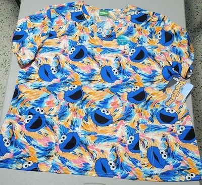 Cookie Monster Scrubs Top Sesame Street Cherokee Tooniforms Pockets Sz 3XL NEW - Image 1 of 4
