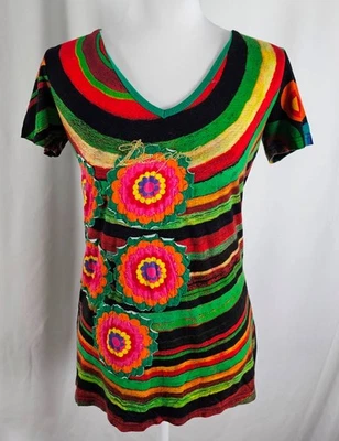 Desigual Womens Top Black Yellow Green Pink Short Sleeves Cotton Viscose Small - Image 1 of 4