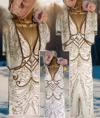 berkertex cream gold Dress Lace beaded wedding Occasion 20s gatsby evening 20 - Image 1 of 4