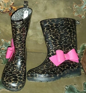 Capelli Brown Leopard Animal Print Pink Bow Rain Boots Girls Toddler 10/11 *S24 - Picture 1 of 7