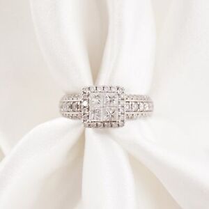 14K White Gold Square Cluster Natural Diamond Engagement Ring (1.6 CTW) Size 9