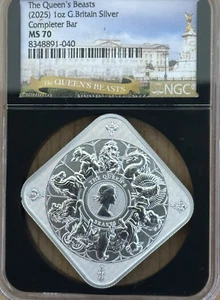 2025 Queen’s Beasts COMPLETER 1 oz Silver Bar Queen’s Beasts Label BC NGC MS70 - Picture 1 of 13