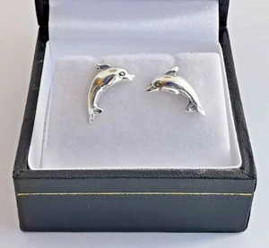 925 sterling SILVER DOLPHIN STUD EARRINGS 13x8mm butterfly back 1.8g - Imagen 1 de 12
