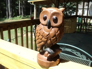 Vintage Hand Carved Wooden Owl. Wood Owl Figurine 9" Tall - Picture 1 of 5