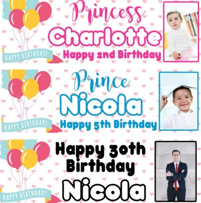 2 Banners de Cumpleaños Personalizados Foto Globo Corazones Adultos Niños Fiesta Cartel Foto 1 de 2