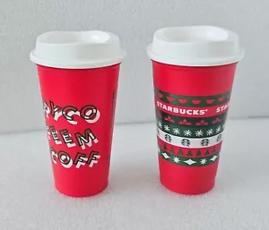 Starbucks Christmas Holiday Coffee Reusable Hot Cup w/ Lid 16 fl. oz. Lot of 2 - Picture 1 of 10