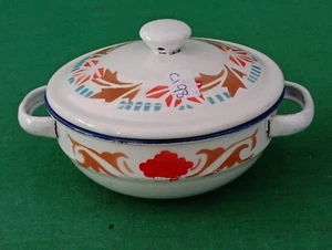 VECCHIO TEGAME PENTOLA + COPERCHIO TEGAMINO FERRO SMALTO SMALTATO MARCATO. CI98 - Foto 1 di 5