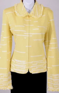 NWT ST.JOHN Women's Tweed Yellow White Fringed Trim Zip Jacket Sz 16 - Picture 1 of 5