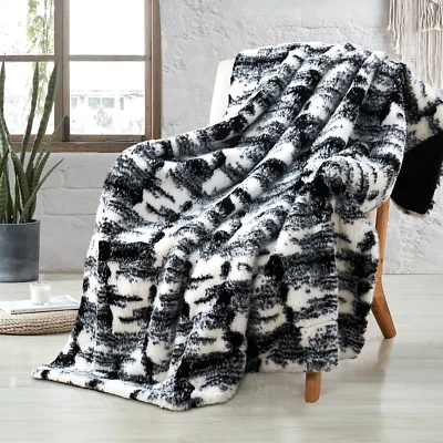 Two Tone Artistic Faux Fur Throw Blanket Luxurious Fluffy Blankets for Couch Bed - Image 1 of 4