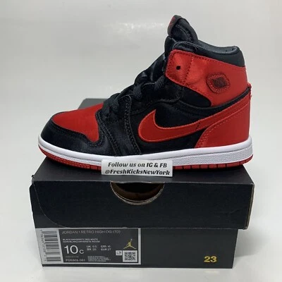 Jordan 1 High Satin Bred Toddler Size 10c New FD5305-061 Black University Red TD - Image 1 of 4