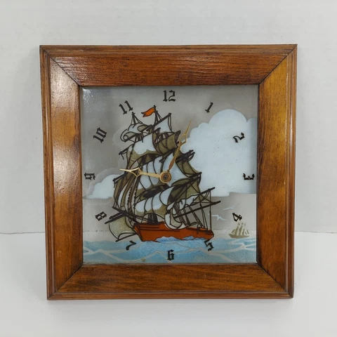 Framed Sailboat Wall Clock 12x12" Fused Glass Tile Nautical Beach Boat VTG Works Cover