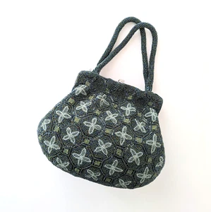 Japanese Vintage Beaded Evening Bag Dark green Geometric pattern 9x7 inch - Picture 1 of 20