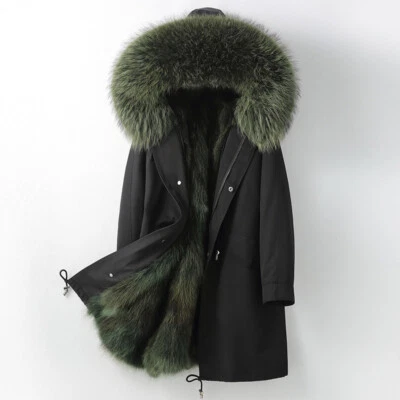 Men Mid Long Coat Real Fox Fur Lined Raccoon Fur Collar Parka Over Knee Overcoat - Image 1 of 4