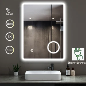 Bathroom Mirror With LED Lights Touch Shaver Socket Demister 3x Magnifying - Picture 1 of 18