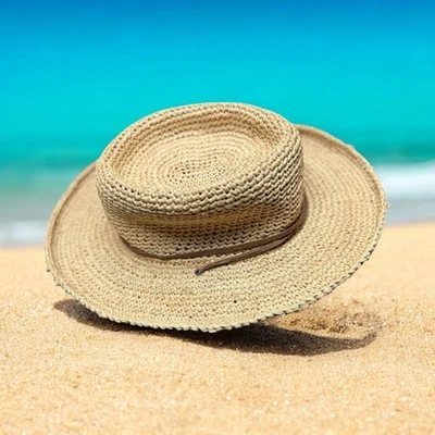 Sombrero Scala Collezione Crochet Rafia Con Borde de Cuero Verano Sol Boho Playa  Foto 1 de 4