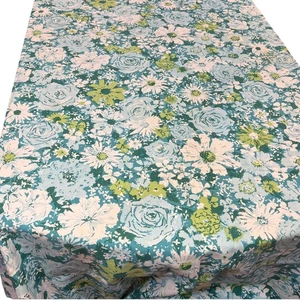 Vintage 1970s Flower Power Oval 77”x57” Tablecloth Blue Green Floral Retro MCM - Picture 1 of 10