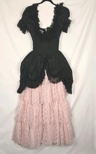 Vtg Loralie Dress Black 2-4 Tiered Lace Pink 80s Ruffle Whimsigoth Dark Romantic - Picture 1 of 21