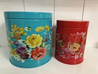Pioneer Woman Metal Country Garden Floral Tin Canisters Set Of 2 Red Teal - Image 1 of 4