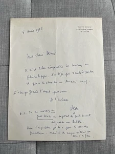 Hand-written letter signed by Jean Cocteau to Denise Tual in Paris, April 1958 - Bild 1 von 7