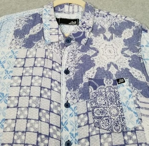 ...lost Button Up Shirt Men Large L Blue White All Over Print Short Sleeve Funky - Picture 1 of 10