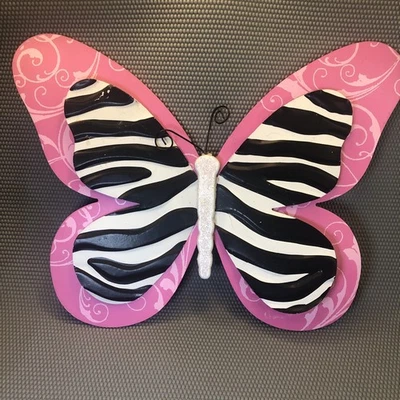 Butterfly Wall Decor Pink Zebra Print Wood Metal Sparkly Wire Nursery Home Decor - Image 1 of 4