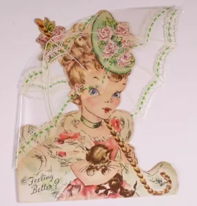 VINTAGE Get Well Card - Lady with plastic umbrella - RARE - Greeting Card - NOS - Picture 1 of 4