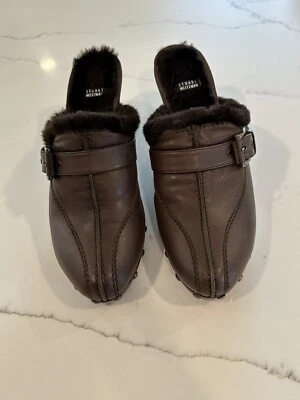 Stuart Weitzman Brown Leather Clog Style Heels with Faux Fur, Size 10 - Image 1 of 4