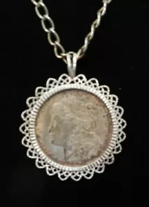 1921 MORGAN SILVER DOLLAR in STERLING SILVER FRAME w/ 24" SILVER TONE NECKLACE - Picture 1 of 4