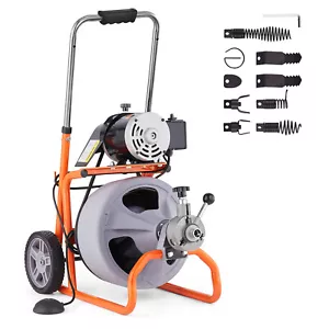VEVOR Drain Cleaner Machine 75FT x 3/8 Inch Auto Feed with Wheels & 8 Cutters - Picture 1 of 12