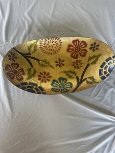 Pier 1 Decorative Centerpiece Metal Enamel Gold Floral Bowl 19" - Picture 1 of 5