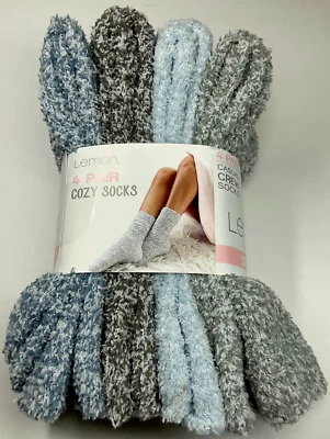 Lemon Women's Casual Crew Socks Fuzzy Socks Size 5-9.5 (4)Pk Cozy Soft Blue Grey - Image 1 of 3