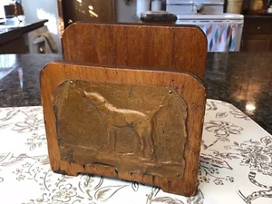 Vintage Embossed Relief Hammered Copper Dog Primitive Wood Napkin Bill Holder - Picture 1 of 21