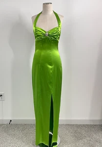 Vintage Kleid Y2K Damen 8 Chartreuse Satin Femme Strass Neckholder Hollywood Regency - Bild 1 von 11