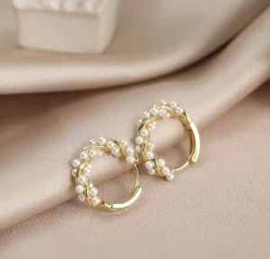 Mini Pearl Earring 3/4" Small Ear Hoop Gold Tone Hoop Huggie Earrings For Women - Picture 1 of 7