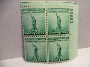 SCOTT STAMP # 899 STATUE OF LIBERTY - NATIONAL DEFENSE 1 CENT PLATE BLOCK - MNH - Picture 1 of 1