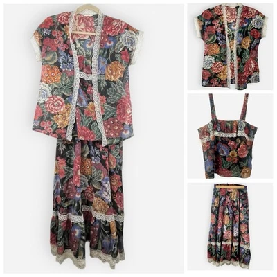 Conjunto Chaqueta Top Falda Vintage California Connection Años 70 3 Piezas Floral Encaje Transparente Foto 1 de 4