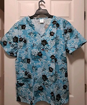 B Scrubs Blue & White Floral W/Owls Pattern Elastic Back Shirt/Top Size 2X NWT - Image 1 of 4