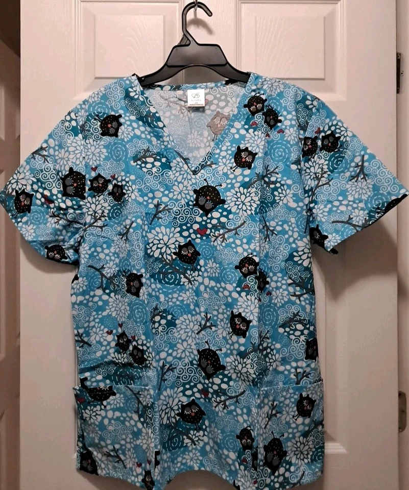 B Scrubs Blue & White Floral W/Owls Pattern Elastic Back Shirt/Top Size 2X NWT - Image 1 of 4