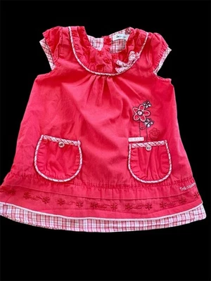 Trois Moutons Orange Sh Sleeve WovenCotton Embroidered Plaid  Trim Dress-12Mos - Image 1 of 4