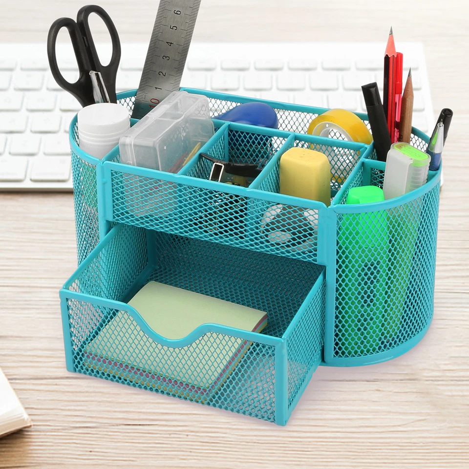 Desk Organizer Metal Mesh Office Pen Pencil Holder Storage Desktop Tray Blue US